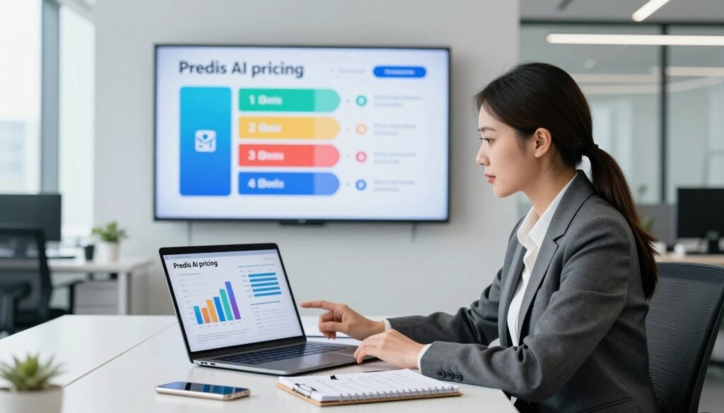 A modern workspace with a sleek desk adorned with a laptop displaying graphs and charts related to "Predis AI pricing." In the foreground, a well-dressed business professional, a woman in a tailored suit, is intently reviewing these graphs. Beside her, a notepad with handwritten notes and a smartphone. The middle ground features a large screen on the wall showcasing different pricing tiers and subscription plans visually represented with icons and colorful blocks. In the background, a well-lit office environment with large windows letting in natural light, and a cityscape view. The mood is focused and professional, capturing the essence of business strategy and innovation, with a clear emphasis on pricing plans. The image is bright and inviting, highlighting the importance of financial decisions in business technology.