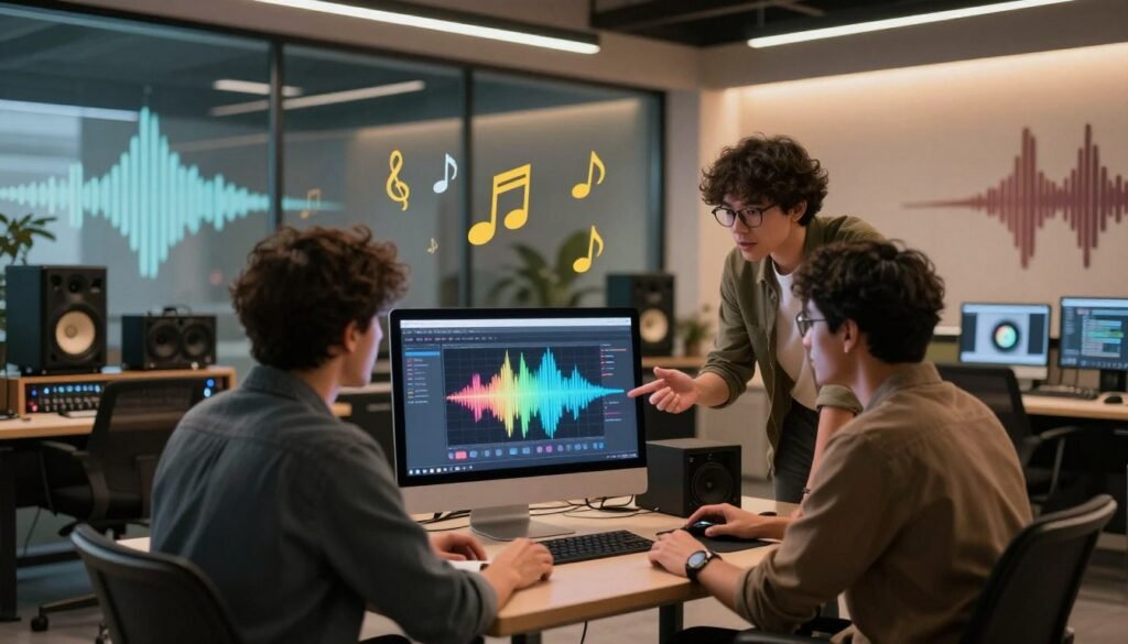 A modern workspace with a sleek, futuristic vibe devoted to music creation. In the foreground, a diverse group of three professionals, dressed in smart casual attire, are gathered around a computer screen, intently discussing Suno AI's interface while examining a colorful waveform representation of a song. The middle area showcases high-quality audio equipment and vibrant musical notes hovering in the air, representing creativity and inspiration. The background features glass walls with abstract sound wave art, and a warm, inviting ambient light illuminates the space, creating a sense of collaboration and innovation. The overall mood conveys excitement and ambition, perfectly encapsulating the essence of downloading and sharing music through Suno AI. A soft focus lens captures the engaging atmosphere, inviting viewers to explore this creative hub. A modern workspace with a sleek, futuristic vibe devoted to music creation. In the foreground, a diverse group of three professionals, dressed in smart casual attire, are gathered around a computer screen, intently discussing Suno AI's interface while examining a colorful waveform representation of a song. The middle area showcases high-quality audio equipment and vibrant musical notes hovering in the air, representing creativity and inspiration. The background features glass walls with abstract sound wave art, and a warm, inviting ambient light illuminates the space, creating a sense of collaboration and innovation. The overall mood conveys excitement and ambition, perfectly encapsulating the essence of downloading and sharing music through Suno AI. A soft focus lens captures the engaging atmosphere, inviting viewers to explore this creative hub.
