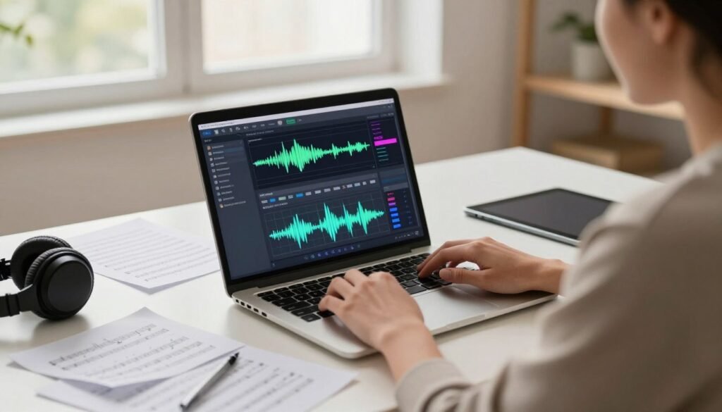 A professional and modern workspace featuring a sleek laptop displaying the AIVA AI interface on the screen, showcasing music composition tools with vibrant audio waveforms. In the foreground, a well-dressed individual, wearing smart casual attire, is intently engaged with the laptop, their fingers poised over the keyboard. In the middle, a stylish desk cluttered with music sheets, a pair of headphones, and a digital tablet, suggesting an atmosphere of creativity and productivity. The background features a softly lit room with large windows, allowing natural light to illuminate the scene, creating a warm and inviting ambiance. The overall mood is focused and inspiring, perfect for a discussion on technology in music creation.