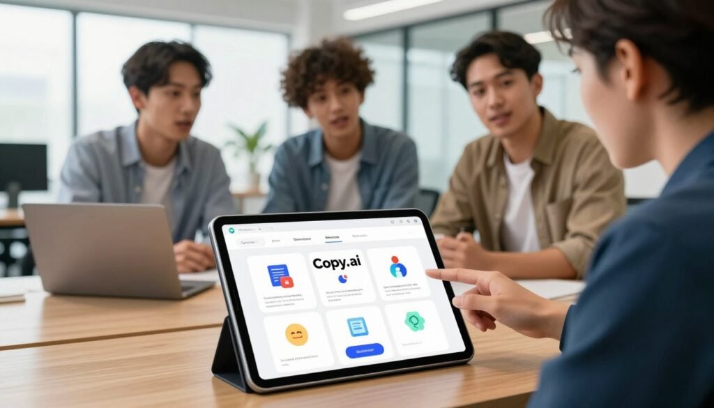 A professional and polished visual representation of a step-by-step guide for "Copy.ai", set in a modern office environment. In the foreground, a sleek digital tablet displays an interactive tutorial interface featuring easy-to-follow illustrations of the platform's features. In the middle ground, a diverse group of three individuals, two men and one woman, are engaged in discussion, dressed in professional business attire. One person gestures towards the tablet, while the others attentively listen, reflecting collaboration and curiosity. The background showcases a bright, airy office with large windows allowing natural light to flood the space, enhancing the mood of innovation and learning. The colors are vibrant yet inviting, emphasizing a productive atmosphere. The perspective is slightly above eye level to capture both the participants and the tablet clearly, without any text or logos present. A professional and polished visual representation of a step-by-step guide for "Copy.ai", set in a modern office environment. In the foreground, a sleek digital tablet displays an interactive tutorial interface featuring easy-to-follow illustrations of the platform's features. In the middle ground, a diverse group of three individuals, two men and one woman, are engaged in discussion, dressed in professional business attire. One person gestures towards the tablet, while the others attentively listen, reflecting collaboration and curiosity. The background showcases a bright, airy office with large windows allowing natural light to flood the space, enhancing the mood of innovation and learning. The colors are vibrant yet inviting, emphasizing a productive atmosphere. The perspective is slightly above eye level to capture both the participants and the tablet clearly, without any text or logos present.