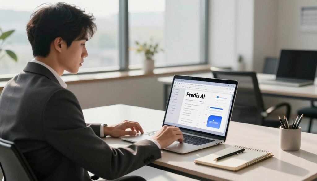 A professional business setting featuring a sleek, modern workspace. In the foreground, a young professional man in a tailored suit sits at a contemporary desk, intently analyzing data on a laptop screen displaying the Predis AI interface. His expression is focused but thoughtful, showcasing the process of evaluating the AI tool's features. The middle layer includes an elegant desktop with a notepad and a stylus, symbolizing strategic planning. In the background, large windows allow natural light to flood the room, creating a warm and optimistic atmosphere. Soft shadows enhance the depth of the space, while minimalist decor promotes a sense of professionalism and innovation, capturing the essence of technology-driven decision-making.