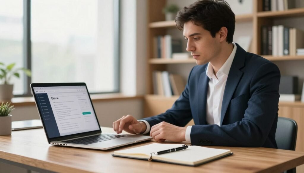 A professional office workspace styled in a modern, minimalistic approach, featuring a sleek wooden desk with a laptop displaying a user-friendly interface of Elicit AI. In the foreground, a highly organized notepad and a pen lay neatly beside the laptop, symbolizing productivity and focus on research. In the middle ground, a smartly dressed business person, a Caucasian male with short dark hair, is thoughtfully interacting with the laptop, dressed in a crisp white shirt and navy blazer. The background includes softly blurred shelves filled with reference books and a large window letting in ample natural light, casting a warm glow over the space. The atmosphere is inviting and conducive to learning, reflecting a sense of professionalism and inquiry. Key aspects include soft lighting and a slight depth of field to create emphasis on the foreground elements. A professional office workspace styled in a modern, minimalistic approach, featuring a sleek wooden desk with a laptop displaying a user-friendly interface of Elicit AI. In the foreground, a highly organized notepad and a pen lay neatly beside the laptop, symbolizing productivity and focus on research. In the middle ground, a smartly dressed business person, a Caucasian male with short dark hair, is thoughtfully interacting with the laptop, dressed in a crisp white shirt and navy blazer. The background includes softly blurred shelves filled with reference books and a large window letting in ample natural light, casting a warm glow over the space. The atmosphere is inviting and conducive to learning, reflecting a sense of professionalism and inquiry. Key aspects include soft lighting and a slight depth of field to create emphasis on the foreground elements.