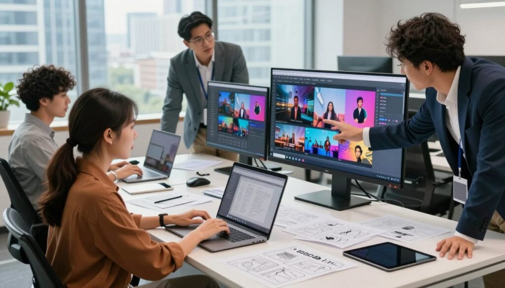 A professional workspace featuring a diverse group of individuals collaborating on a project to create engaging video ads using Arcads AI software. In the foreground, a woman in smart casual attire is typing on a laptop with a focused expression, while a man in a business suit gestures towards a digital screen displaying vibrant video ad examples. The middle section showcases a table cluttered with notes, storyboards, and a tablet. In the background, a large window reveals a modern office skyline, allowing natural light to illuminate the scene. The atmosphere is energetic and inspirational, emphasizing teamwork and creativity in marketing. The composition is shot from a slightly elevated angle, providing a dynamic perspective that highlights the collaborative spirit without any text or distractions.
