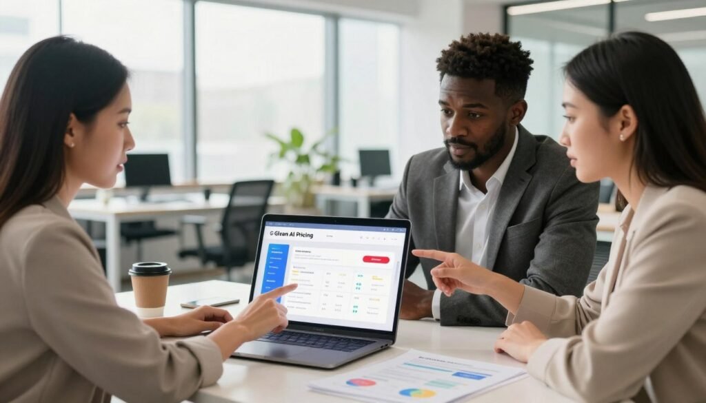 A professional workspace featuring a sleek desk with a laptop open to a colorful Glean AI pricing page. In the foreground, a diverse group of three business professionals—an Asian woman in smart casual attire, a Black man in a tailored suit, and a Hispanic woman dressed in professional attire—are engaged in a discussion, pointing at the screen with expressions of curiosity and interest. The middle layer consists of the desk, scattered papers with pricing plans, and a coffee cup. In the background, a bright and modern office space with large windows allowing natural light to flood in, creating a warm and inviting atmosphere. The scene is rendered with a focus on sharp detail and soft lighting, conveying a sense of professionalism and teamwork.