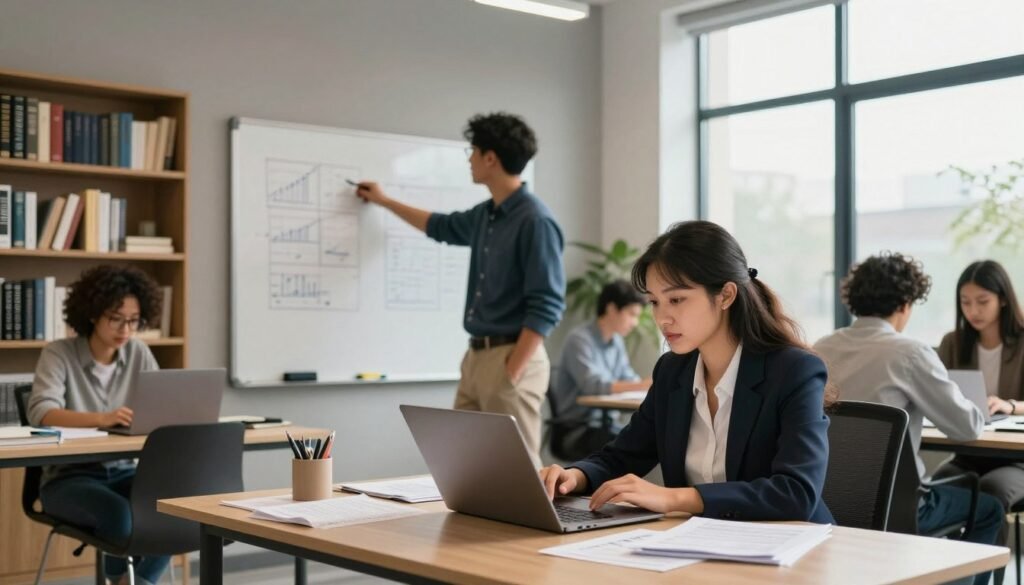 A professional workspace filled with activity, depicting a diverse group of individuals using Elicit AI for research. In the foreground, a focused woman in business attire is sitting at a desk, intently analyzing data on her laptop, with notes and research papers scattered around her. In the middle, a man in smart casual wear stands by a whiteboard, pointing out key findings from a brainstorming session. Behind them, shelves filled with books and research journals create a scholarly atmosphere, and a large window lets in natural light, casting soft shadows. The room has a modern design with a calm ambiance, fostering creativity and collaboration. The overall mood is one of productivity and innovation, highlighting the power of Elicit AI in empowering diverse users to conduct effective research. A professional workspace filled with activity, depicting a diverse group of individuals using Elicit AI for research. In the foreground, a focused woman in business attire is sitting at a desk, intently analyzing data on her laptop, with notes and research papers scattered around her. In the middle, a man in smart casual wear stands by a whiteboard, pointing out key findings from a brainstorming session. Behind them, shelves filled with books and research journals create a scholarly atmosphere, and a large window lets in natural light, casting soft shadows. The room has a modern design with a calm ambiance, fostering creativity and collaboration. The overall mood is one of productivity and innovation, highlighting the power of Elicit AI in empowering diverse users to conduct effective research.