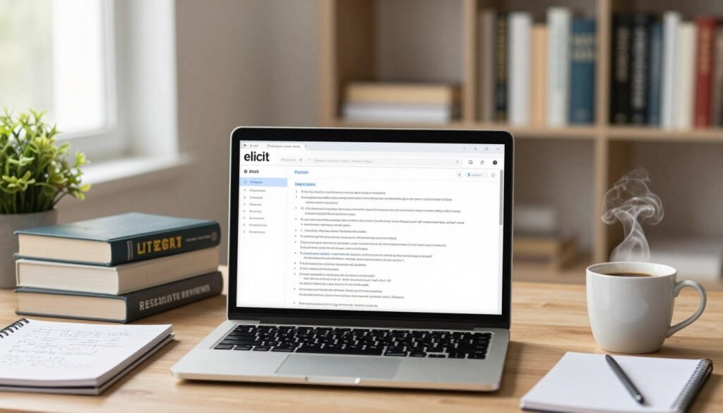 A professional workspace illustrating the process of using Elicit for literature reviews. In the foreground, a laptop displays the Elicit interface with organized research papers and notes. Beside the laptop, a notepad with hand-written annotations and a steaming cup of coffee adds a personal touch. The middle ground features an open stack of books on research methodologies and a potted plant to bring warmth. The background includes a soft-focus bookshelf filled with academic texts and journals, creating an atmosphere of productivity and scholarly focus. The lighting is bright, with natural light streaming in through a window, casting gentle shadows. The scene captures a serene and engaging mood, inviting contemplation and research. A professional workspace illustrating the process of using Elicit for literature reviews. In the foreground, a laptop displays the Elicit interface with organized research papers and notes. Beside the laptop, a notepad with hand-written annotations and a steaming cup of coffee adds a personal touch. The middle ground features an open stack of books on research methodologies and a potted plant to bring warmth. The background includes a soft-focus bookshelf filled with academic texts and journals, creating an atmosphere of productivity and scholarly focus. The lighting is bright, with natural light streaming in through a window, casting gentle shadows. The scene captures a serene and engaging mood, inviting contemplation and research.