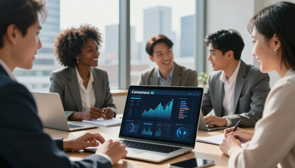 A professional workspace showcasing a digital interface representing "Consensus AI". In the foreground, a sleek laptop displays a visually engaging and interactive AI dashboard, with graphs and data visualizations. Surrounding the laptop, a diverse group of three professionals in business attire—one Black woman, one Asian man, and one Hispanic woman—are engaged in a discussion, analyzing the trends shown on the screen. In the middle ground, a large window reveals a modern city skyline, indicating a vibrant business environment. The lighting is bright and optimistic, with sunlight filtering through the window, enhancing the focus on collaboration and innovation. The atmosphere is dynamic and productive, emphasizing the balance of pros and cons in the usage of Consensus AI.