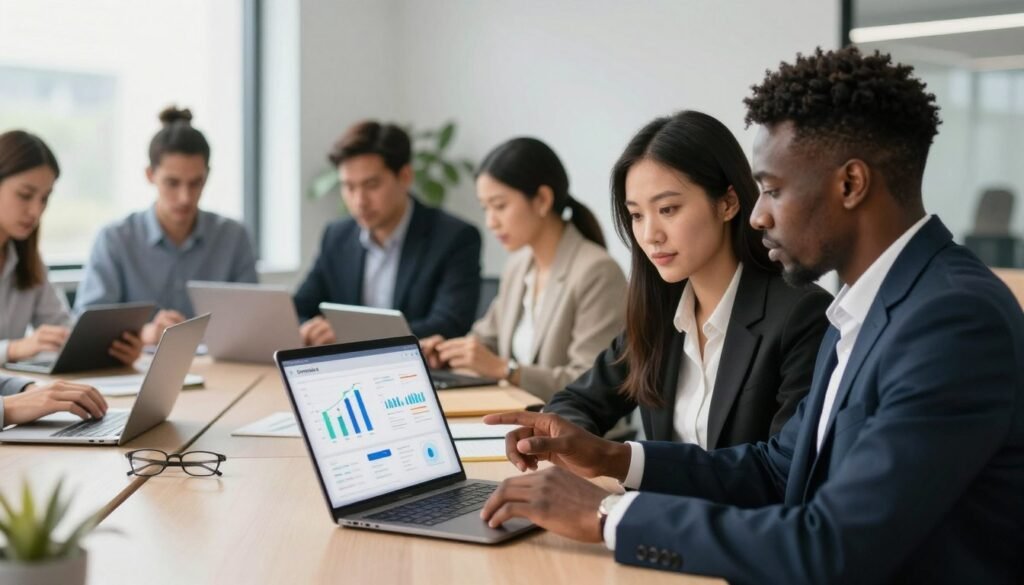 A professional workspace showcasing a diverse group of business professionals engaged with Omneky AI on various devices like laptops and tablets. In the foreground, a confident woman of Asian descent in smart business attire is demonstrating the software on her laptop to a attentive Black man in a suit, both focused on the screen. The middle ground features other colleagues collaborating, some taking notes, others discussing strategies with visuals like charts and graphs on their devices, all illuminated by soft, natural light from large windows. The background includes a modern office setting with minimalist decor, fostering a productive and innovative atmosphere. Overall, the image conveys a sense of teamwork, professionalism, and technological advancement, inspiring users to optimize their results with Omneky AI.