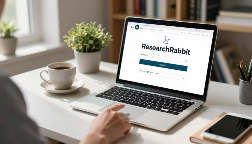 A professional workspace with a clean desk featuring a laptop displaying the ResearchRabbit sign-up page on its screen. In the foreground, a hand reaches toward the touchpad, poised to click, conveying the action of signing up. In the middle, a sleek, modern laptop with an illuminated screen shines softly, while a cup of coffee sits nearby, adding warmth. The background includes shelves filled with academic books and a potted plant, creating a vibrant yet focused atmosphere. Soft, natural light filters through a nearby window, casting gentle shadows, enhancing a feeling of tranquility and productivity. The overall mood is encouraging and focused, reflecting the theme of accessing valuable research tools effectively.