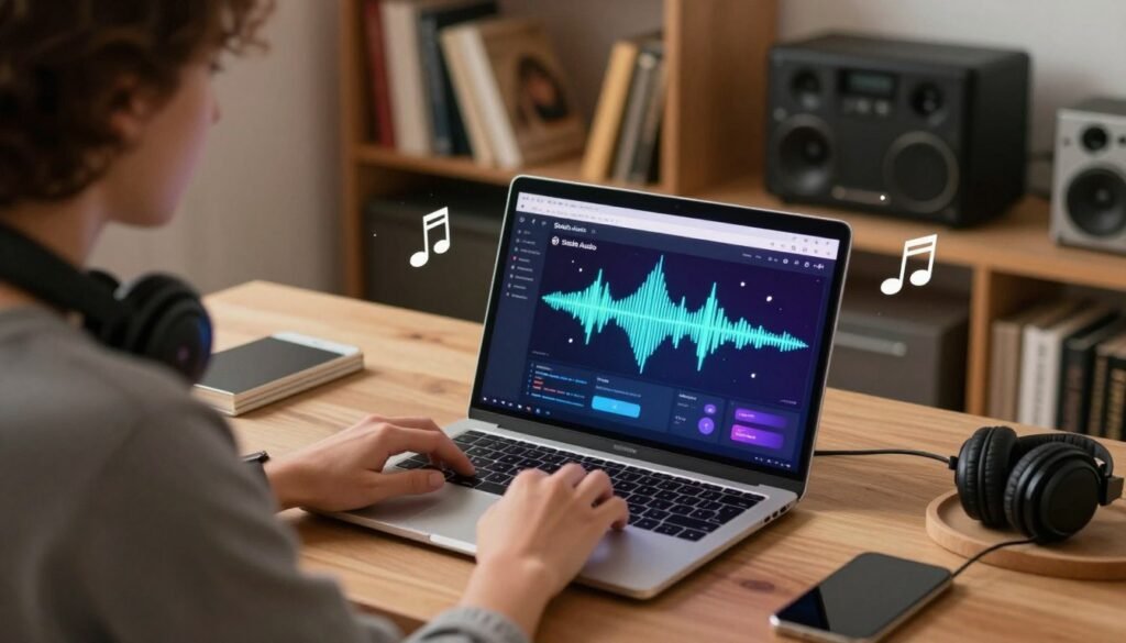 A serene workspace dedicated to audio AI music generation, featuring a sleek laptop displaying a vibrant interface for Stable Audio. In the foreground, a focused individual in smart casual attire is engaging with the platform, headphones resting around their neck. The middle ground showcases various soundwave graphics emerging from the laptop screen, with musical notes lightly floating in the air, symbolizing creativity and inspiration. In the background, a soft-focus bookshelf filled with music theory books and audio equipment adds depth. The lighting is warm and inviting, casting a gentle glow on the scene, suggesting a productive atmosphere. Use a slightly elevated angle to capture the workspace as a hub of innovation and learning, emphasizing clarity and organization. A serene workspace dedicated to audio AI music generation, featuring a sleek laptop displaying a vibrant interface for Stable Audio. In the foreground, a focused individual in smart casual attire is engaging with the platform, headphones resting around their neck. The middle ground showcases various soundwave graphics emerging from the laptop screen, with musical notes lightly floating in the air, symbolizing creativity and inspiration. In the background, a soft-focus bookshelf filled with music theory books and audio equipment adds depth. The lighting is warm and inviting, casting a gentle glow on the scene, suggesting a productive atmosphere. Use a slightly elevated angle to capture the workspace as a hub of innovation and learning, emphasizing clarity and organization.