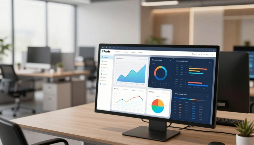 A sleek and modern Predis AI dashboard interface displayed prominently in the foreground, featuring vibrant, user-friendly graphs and data visualizations in various colors, showcasing analytics and performance metrics. The middle layer captures a blurred view of a professional office environment, with high-tech workstations and minimalistic furniture, creating a focused atmosphere. In the background, soft lighting bathes the room, adding a warm yet high-tech feel, with large windows allowing natural light to pour in. The angle should be slightly overhead, giving a clear view of the dashboard while maintaining an engaging perspective. The overall mood is professional, innovative, and inviting, ideal for showcasing cutting-edge AI technology in an office setting.