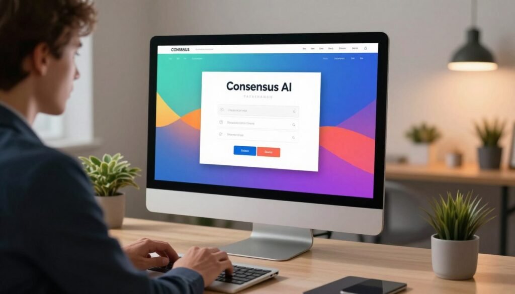 A sleek and modern computer screen displaying the Consensus AI login interface, featuring vibrant colors and user-friendly design elements. In the foreground, a poised professional dressed in smart business attire is seated at a contemporary desk, focused on the screen, with hands gently typing on a laptop. The middle of the image showcases the login page with input fields for username and password, illuminated by soft, warm lighting that creates an inviting atmosphere. In the background, a minimalist office environment with subtle tech-inspired decor and plants adds a sense of innovation and productivity. The overall mood is efficient and professional, emphasizing clarity and usability, captured from a slightly angled perspective for depth.
