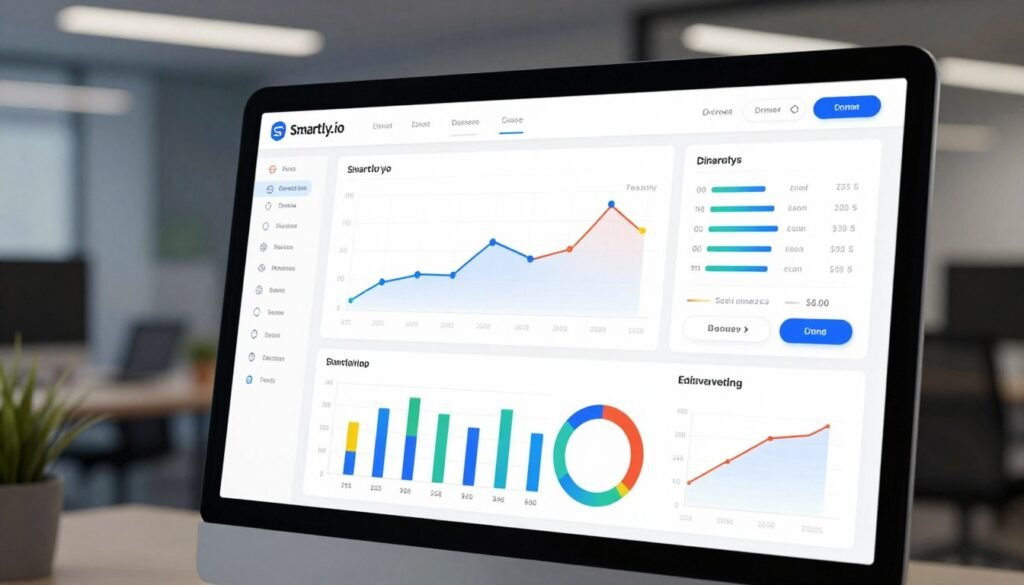 A sleek and modern dashboard interface of Smartly.io, capturing an overview of digital marketing analytics. In the foreground, vibrant graphs and charts display key performance indicators, showcasing colorful data points and trends. The middle layer features an organized layout with interactive elements like dropdown menus, filters, and buttons designed for user engagement. The background is subtle, incorporating a blurred office environment with soft lighting that creates a professional atmosphere. The scene is illuminated with gentle, cool-toned lights to enhance clarity and focus on the dashboard. The composition is viewed from a slight angle, providing depth and inviting the viewer to explore the dashboard further. The overall mood is dynamic, illustrating the energy of data-driven marketing.