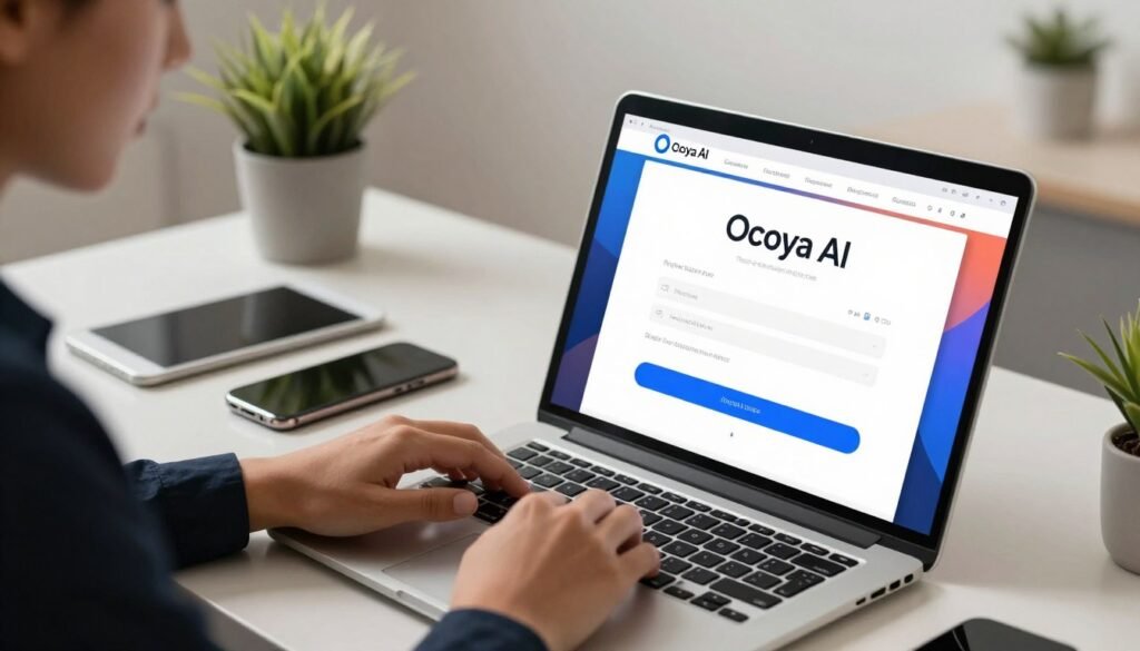 A sleek and modern digital workspace scene illustrating the process of creating an Ocoya AI account. In the foreground, a close-up of a laptop screen shows the Ocoya AI registration page with vibrant, user-friendly design elements. To the left, a professional individual, dressed in smart business attire, is engaged in filling out the registration form, their expression focused and determined. In the middle ground, a stylish desk with tech gadgets like a smartphone and a tablet, all placed in a well-lit environment that highlights the calm and productive atmosphere. The background features minimalist decor, clean lines, and a subtle hint of greenery from a potted plant. The lighting is bright and warm, creating an inviting ambiance that reflects innovation and professionalism. A sleek and modern digital workspace scene illustrating the process of creating an Ocoya AI account. In the foreground, a close-up of a laptop screen shows the Ocoya AI registration page with vibrant, user-friendly design elements. To the left, a professional individual, dressed in smart business attire, is engaged in filling out the registration form, their expression focused and determined. In the middle ground, a stylish desk with tech gadgets like a smartphone and a tablet, all placed in a well-lit environment that highlights the calm and productive atmosphere. The background features minimalist decor, clean lines, and a subtle hint of greenery from a potted plant. The lighting is bright and warm, creating an inviting ambiance that reflects innovation and professionalism.