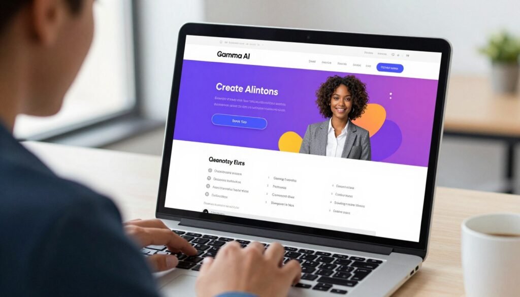 A sleek and modern interface of the Gamma AI website displayed on a laptop screen, with the homepage showcasing options for signing up and creating AI presentations. In the foreground, a well-dressed individual, a diverse professional in business attire, is interacting with the laptop, embodying focus and curiosity. The middle layer features vibrant colors on the website, highlighting user-friendly design elements like interactive buttons and visually appealing graphics. The background includes a contemporary office setting with soft, natural lighting coming through a window, suggesting an inviting and productive atmosphere. The overall mood is professional and innovative, illustrating the ease of accessing AI tools for presentations. Camera angle close-up to emphasize the screen content while capturing the user's expression of engagement. A sleek and modern interface of the Gamma AI website displayed on a laptop screen, with the homepage showcasing options for signing up and creating AI presentations. In the foreground, a well-dressed individual, a diverse professional in business attire, is interacting with the laptop, embodying focus and curiosity. The middle layer features vibrant colors on the website, highlighting user-friendly design elements like interactive buttons and visually appealing graphics. The background includes a contemporary office setting with soft, natural lighting coming through a window, suggesting an inviting and productive atmosphere. The overall mood is professional and innovative, illustrating the ease of accessing AI tools for presentations. Camera angle close-up to emphasize the screen content while capturing the user's expression of engagement.