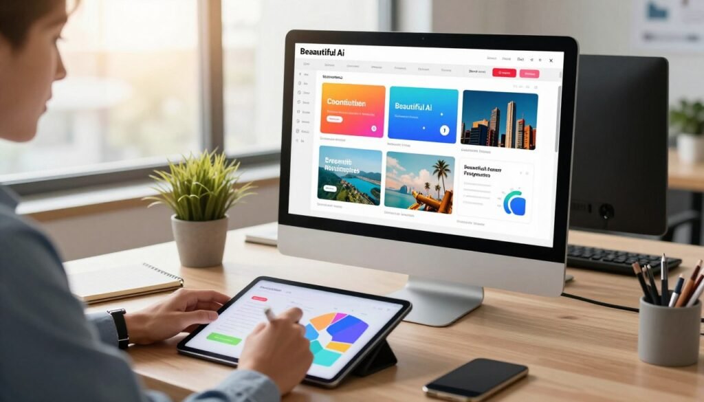 A sleek and modern workspace featuring a computer screen displaying a vibrant interface of Beautiful.ai, showcasing its diverse presentation templates. In the foreground, a professional individual in business attire is engaging with the software, using a stylus on a tablet with colorful graphics and charts visible. The middle ground includes a stylish desk with a potted plant and notepad, while the background consists of a sunlit office with large windows, casting a warm glow over the scene. The lighting is bright, creating an inspiring atmosphere filled with productivity and creativity. The composition should emphasize the user-friendly design of Beautiful.ai, capturing the essence of modern presentation tools in a professional environment. A sleek and modern workspace featuring a computer screen displaying a vibrant interface of Beautiful.ai, showcasing its diverse presentation templates. In the foreground, a professional individual in business attire is engaging with the software, using a stylus on a tablet with colorful graphics and charts visible. The middle ground includes a stylish desk with a potted plant and notepad, while the background consists of a sunlit office with large windows, casting a warm glow over the scene. The lighting is bright, creating an inspiring atmosphere filled with productivity and creativity. The composition should emphasize the user-friendly design of Beautiful.ai, capturing the essence of modern presentation tools in a professional environment.