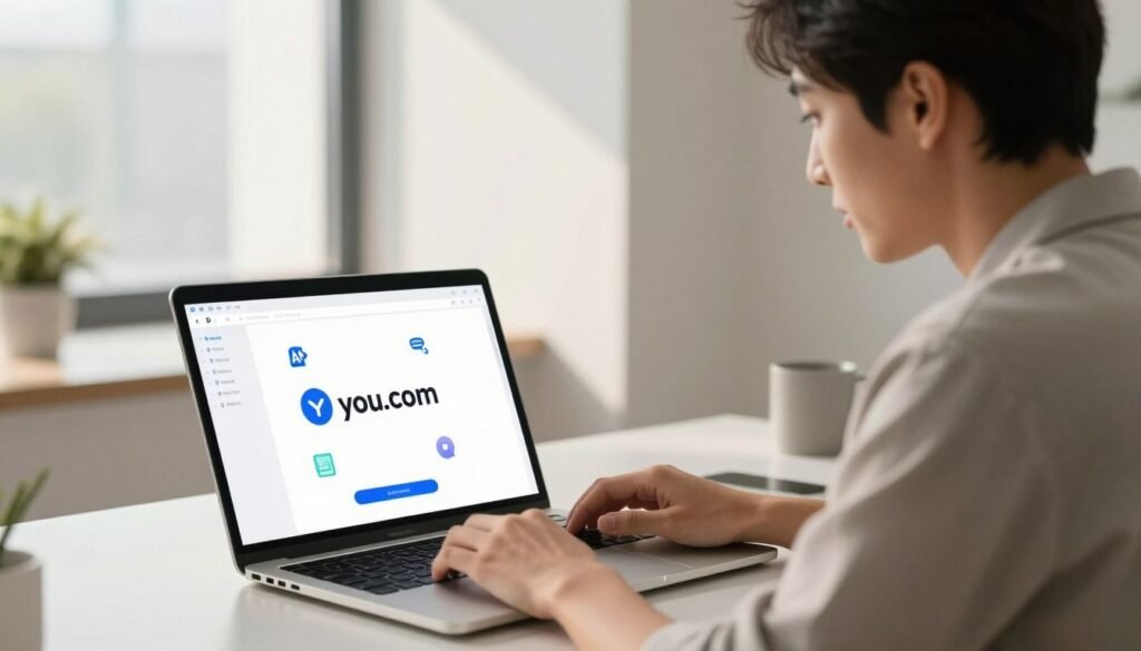 A sleek and modern workspace, featuring a professional individual sitting at a desk with a laptop open, showcasing the You.com AI interface on the screen. The foreground includes a close-up of the individual's focused expression, dressed in smart casual attire. In the middle, a large tablet displays the You.com logo prominently, surrounded by digital icons representing AI features like chat, search, and personalization. The background features a bright, minimalistic office environment with large windows allowing natural light to flood in, casting soft shadows. The mood is enthusiastic and inspiring, conveying a sense of innovation and technology. The lighting is warm and inviting, emphasizing a productive atmosphere without any distractions, ensuring the scene remains professional and polished.