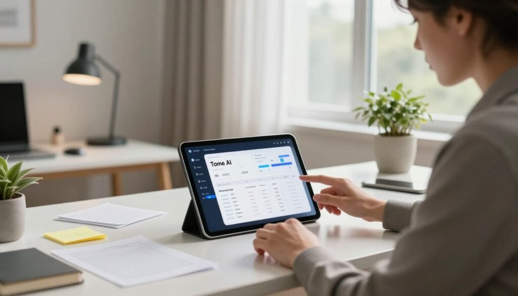 A sleek and modern workspace featuring a tablet showcasing the Tome AI interface, surrounded by organized notes and digital pricing charts. In the foreground, a professional-looking individual in smart casual attire interacts with the device, their expression focused and engaged. In the middle ground, a well-designed desk with minimalist decor, including a stylish lamp and potted plant, adds an air of sophistication. The background displays a large window with natural light streaming in, filtering through sheer curtains and casting soft shadows. The overall atmosphere conveys a sense of innovation and professionalism, highlighting the value of Tome AI's pricing and plans in a contemporary setting.
