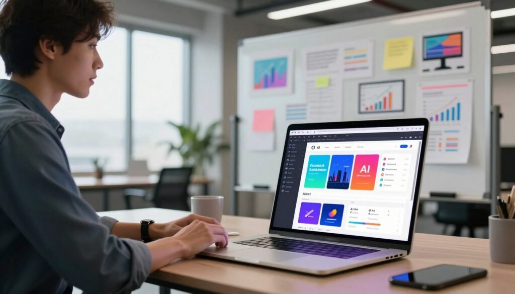 A sleek and modern workspace that embodies the concept of an AI ad creative generator. In the foreground, a well-designed laptop displays a vibrant interface filled with various colorful ad templates and graphics, showcasing the AI technology at work. To the left, a focused business professional in smart, casual attire is engaged in the process of generating ad creatives, their face illuminated by the laptop screen's soft glow. In the middle ground, a digital whiteboard is filled with brainstorming notes and dynamic marketing visuals, reflecting collaboration and creativity. The background features a contemporary office setting with large windows allowing natural light to flood the room, creating an inspiring and productive atmosphere. The overall mood is innovative and forward-thinking, emphasizing the capabilities of AdCreative.ai in transforming advertising strategies. A sleek and modern workspace that embodies the concept of an AI ad creative generator. In the foreground, a well-designed laptop displays a vibrant interface filled with various colorful ad templates and graphics, showcasing the AI technology at work. To the left, a focused business professional in smart, casual attire is engaged in the process of generating ad creatives, their face illuminated by the laptop screen's soft glow. In the middle ground, a digital whiteboard is filled with brainstorming notes and dynamic marketing visuals, reflecting collaboration and creativity. The background features a contemporary office setting with large windows allowing natural light to flood the room, creating an inspiring and productive atmosphere. The overall mood is innovative and forward-thinking, emphasizing the capabilities of AdCreative.ai in transforming advertising strategies.
