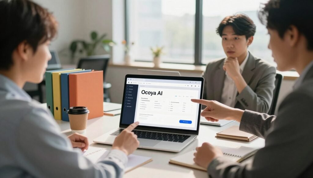 A sleek digital workspace featuring a modern laptop displaying the Ocoya AI interface on its screen. In the foreground, professional business attire-wearing individuals engage in a collaborative discussion, pointing at the screen with expressions of curiosity and enthusiasm. The middle ground showcases a well-organized desk adorned with color-coded folders, a notepad, and a stylish coffee cup. The background reveals a contemporary office space with large windows, allowing warm daylight to flood the scene, creating an inviting ambiance. Soft shadows add depth, and a slight lens blur on the background emphasizes the focus on the Ocoya AI interface. The overall atmosphere is one of productivity and innovation, perfect for a tech-savvy audience exploring AI tools. A sleek digital workspace featuring a modern laptop displaying the Ocoya AI interface on its screen. In the foreground, professional business attire-wearing individuals engage in a collaborative discussion, pointing at the screen with expressions of curiosity and enthusiasm. The middle ground showcases a well-organized desk adorned with color-coded folders, a notepad, and a stylish coffee cup. The background reveals a contemporary office space with large windows, allowing warm daylight to flood the scene, creating an inviting ambiance. Soft shadows add depth, and a slight lens blur on the background emphasizes the focus on the Ocoya AI interface. The overall atmosphere is one of productivity and innovation, perfect for a tech-savvy audience exploring AI tools.