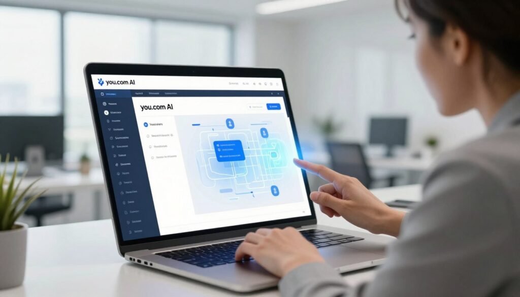 A sleek digital workspace showcasing a laptop displaying the You.com AI interface, highlighting features and evaluations. In the foreground, a professional individual in business attire, male or female, is interactively engaging with the AI on the screen, expressing curiosity and concentration. The middle layer includes a softly glowing artificial intelligence algorithm map, symbolizing data flow and search functionality. In the background, a modern office setting with minimalistic decor, large windows, allowing natural light to illuminate the scene, creating a bright and optimistic atmosphere. The image should evoke a sense of innovation and forward-thinking technology, with a clean composition and soft focus on the background elements, emphasizing the interaction with You.com AI.