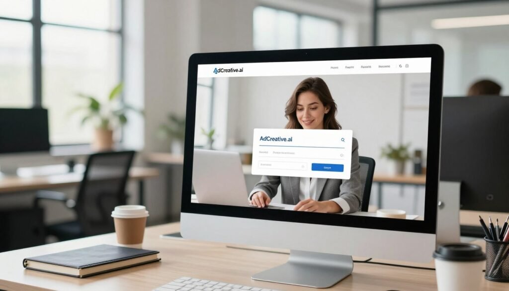 A sleek, modern computer screen displays the AdCreative.ai login interface in the foreground, featuring a clean and intuitive layout with fields for email and password. The middle ground showcases a stylish, well-dressed business professional, a woman smiling while accessing the site, seated at a contemporary office desk adorned with notebooks and a coffee cup. The background includes a vibrant, softly lit office space with large windows allowing natural light to flood the area, enhancing a sense of productivity and professionalism. The overall mood is focused and inviting, encapsulating the efficiency of using AdCreative.ai for ad creation. The image should convey a calm, inspiring atmosphere, with sharp focus on the user’s interaction with the platform, and beautiful bokeh in the background for depth. A sleek, modern computer screen displays the AdCreative.ai login interface in the foreground, featuring a clean and intuitive layout with fields for email and password. The middle ground showcases a stylish, well-dressed business professional, a woman smiling while accessing the site, seated at a contemporary office desk adorned with notebooks and a coffee cup. The background includes a vibrant, softly lit office space with large windows allowing natural light to flood the area, enhancing a sense of productivity and professionalism. The overall mood is focused and inviting, encapsulating the efficiency of using AdCreative.ai for ad creation. The image should convey a calm, inspiring atmosphere, with sharp focus on the user’s interaction with the platform, and beautiful bokeh in the background for depth.