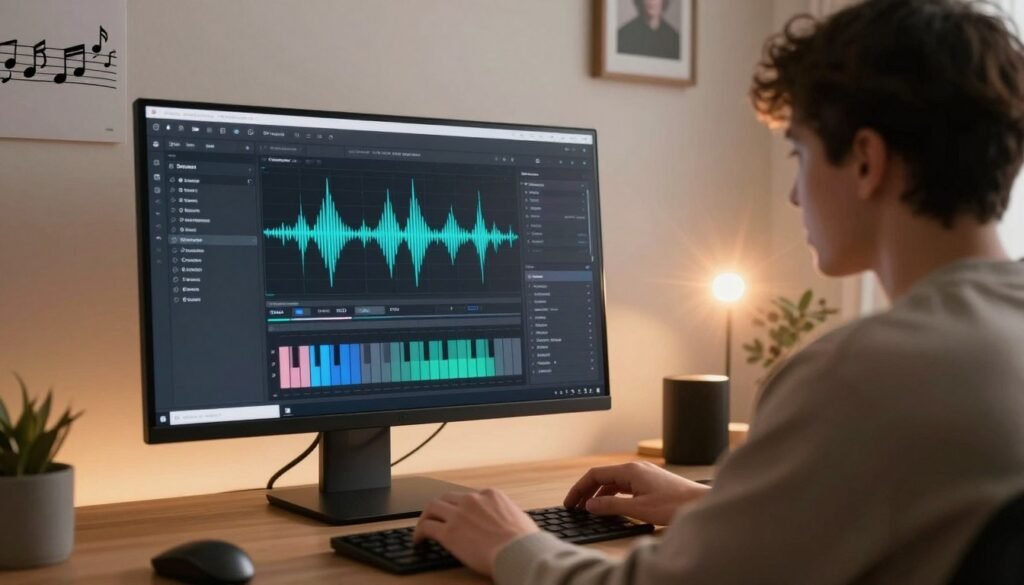 A sleek, modern desktop setup featuring the SOUNDRAW AI music generator interface displayed prominently on a high-resolution monitor. In the foreground, a beginner enthusiast intently engages with the software, wearing smart-casual attire. The background consists of a softly lit home office environment, with musical notes and digital soundwaves artistically integrated into the decor. Warm, inviting lighting creates an atmosphere of creativity and inspiration, while a subtle lens flare adds a touch of dynamic energy. The overall mood is one of exploration and innovation in music technology, emphasizing the accessibility and user-friendly nature of AI music generation for beginners.
