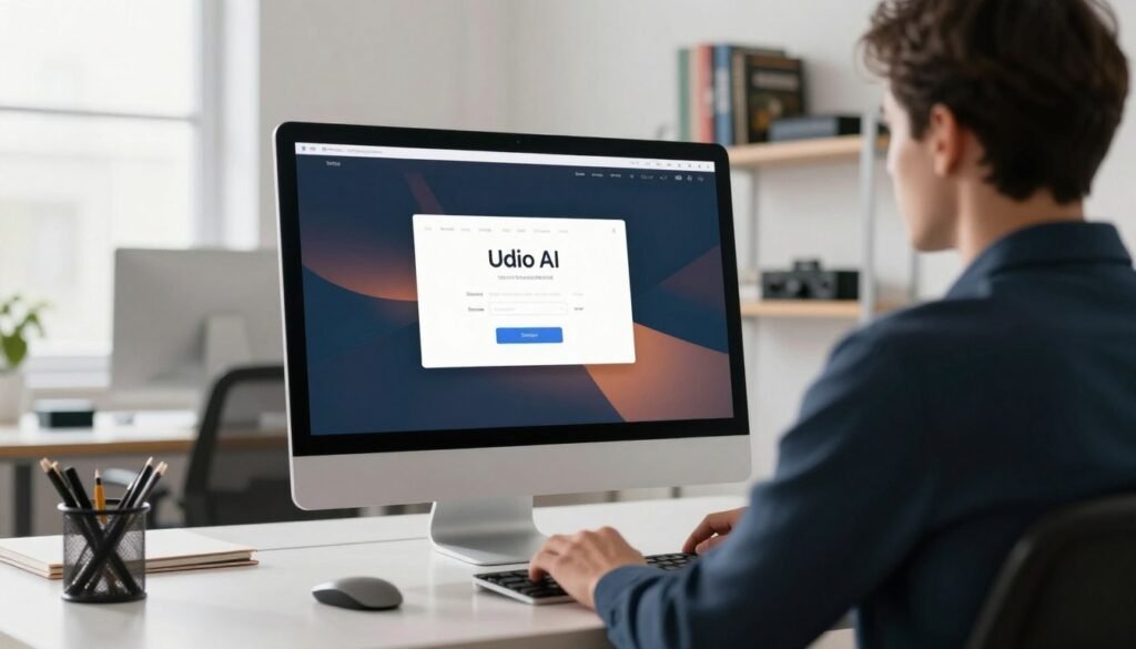 A sleek, modern digital workspace featuring a large computer screen displaying the Udio AI login interface. In the foreground, a professional individual in smart casual attire is seated at a stylish desk, focused on the monitor. The middle ground shows the bright, minimalist office environment, illuminated by soft, natural light streaming through a nearby window, casting gentle shadows. The background includes shelves with music-related books and equipment, enhancing the creative atmosphere. The overall mood is inviting and inspiring, perfect for a beginner exploring music creation. The image should emphasize clarity and professionalism, with a slightly blurred depth of field to draw attention to the login screen without any text or distractions. A sleek, modern digital workspace featuring a large computer screen displaying the Udio AI login interface. In the foreground, a professional individual in smart casual attire is seated at a stylish desk, focused on the monitor. The middle ground shows the bright, minimalist office environment, illuminated by soft, natural light streaming through a nearby window, casting gentle shadows. The background includes shelves with music-related books and equipment, enhancing the creative atmosphere. The overall mood is inviting and inspiring, perfect for a beginner exploring music creation. The image should emphasize clarity and professionalism, with a slightly blurred depth of field to draw attention to the login screen without any text or distractions.