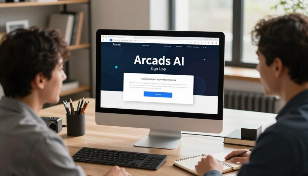 A sleek, modern digital workspace featuring a well-designed computer monitor displaying the Arcads AI sign-up page. In the foreground, a professional-looking individual in business attire is intently focused on the screen, with an expression of curiosity and excitement. The middle area shows a stylish desk cluttered with tech gadgets and a notebook, reinforcing the theme of digital innovation. In the background, soft-focus elements include shelves with tech books and a large window providing natural light, creating an inviting, productive atmosphere. The lighting is warm and diffused, emphasizing a sense of inspiration and clarity. The angle is slightly overhead, capturing both the sign-up page and the individual engaged in the process.