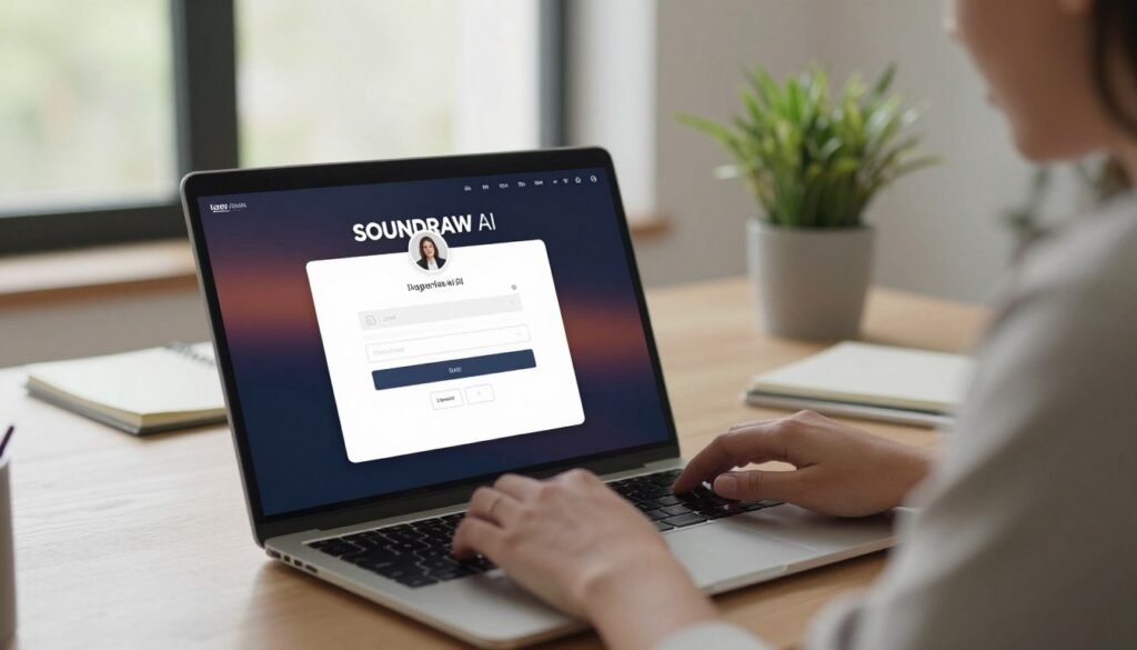 A sleek, modern laptop displaying the SOUNDRAW AI login page, prominently featuring a user-friendly interface with input fields for email and password. In the foreground, a person dressed in smart casual attire, focused on the screen, illustrating a professional yet approachable vibe. The middle ground includes a vibrant workspace with a minimalistic desk, a notepad, and a plant, suggesting a creative atmosphere. In the background, soft natural light filters in through a large window, casting gentle shadows and enhancing the sense of calm and concentration. The image should evoke a mood of innovation and clarity, suitable for a contemporary digital workspace, with a focus on the action of logging in to the AI music generation platform.