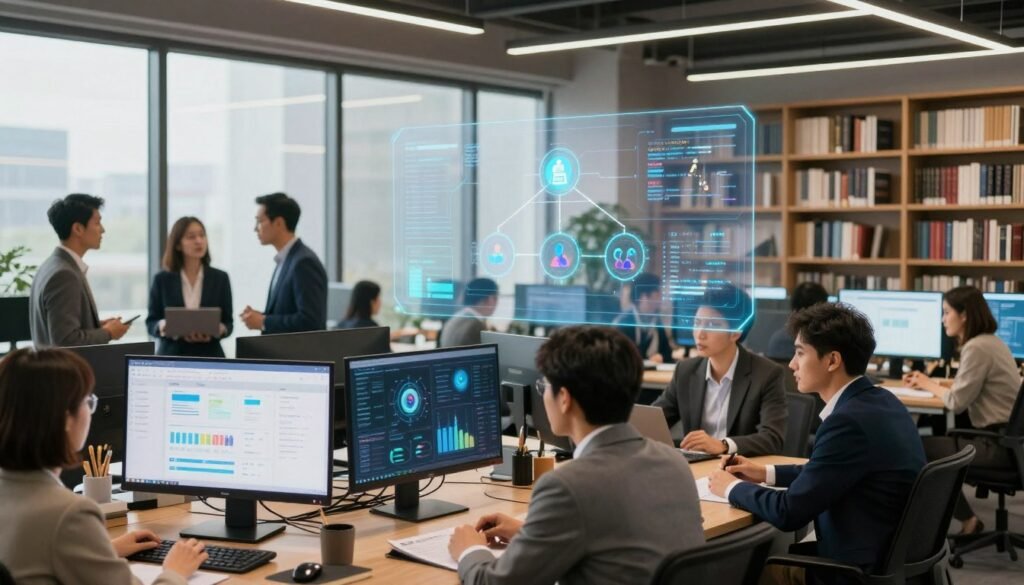 A sleek, modern office environment serves as the backdrop, with large windows letting in natural light that creates a bright and inviting atmosphere. In the foreground, a diverse group of professionals in smart business attire is engaged in a lively discussion, surrounded by digital screens displaying data analytics and knowledge management tools. The middle ground features futuristic holographic interfaces illustrating organizational structures, knowledge flow diagrams, and teamwork dynamics. The background is filled with bookshelves stocked with industry literature, hinting at a culture of continuous learning. The lighting is warm and focused, enhancing the collaborative mood, while a wide-angle lens captures the dynamic scene, emphasizing the importance of effective knowledge management for business teams.
