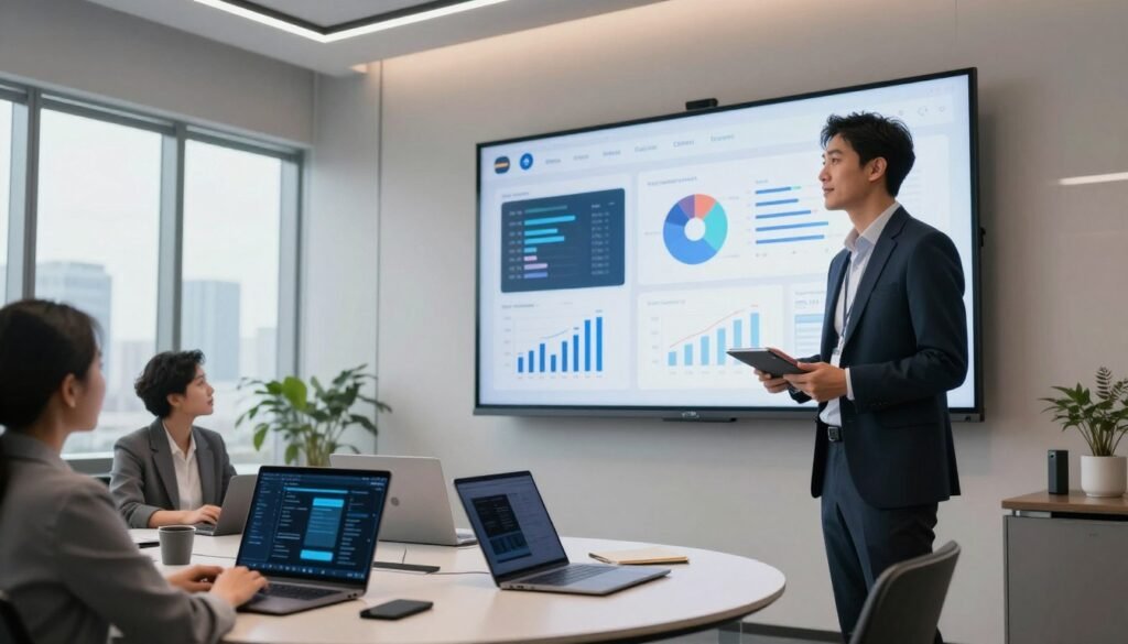 A sleek, modern office environment showcasing a digital workspace. In the foreground, a confident professional in business attire presents on a large screen, with an engaging presentation featuring visually appealing slides, graphs, and diagrams. The middle ground includes a round table with tech gadgets, laptops, and notepads, indicating collaboration. The background features large windows with a cityscape view and natural light flooding in, creating an inviting atmosphere. Use soft, ambient lighting to enhance the mood of creativity and innovation. The angle is slightly tilted upward to emphasize the presentation screen, capturing the essence of modern AI-driven tools that enhance productivity and engagement in presentations. A sleek, modern office environment showcasing a digital workspace. In the foreground, a confident professional in business attire presents on a large screen, with an engaging presentation featuring visually appealing slides, graphs, and diagrams. The middle ground includes a round table with tech gadgets, laptops, and notepads, indicating collaboration. The background features large windows with a cityscape view and natural light flooding in, creating an inviting atmosphere. Use soft, ambient lighting to enhance the mood of creativity and innovation. The angle is slightly tilted upward to emphasize the presentation screen, capturing the essence of modern AI-driven tools that enhance productivity and engagement in presentations.