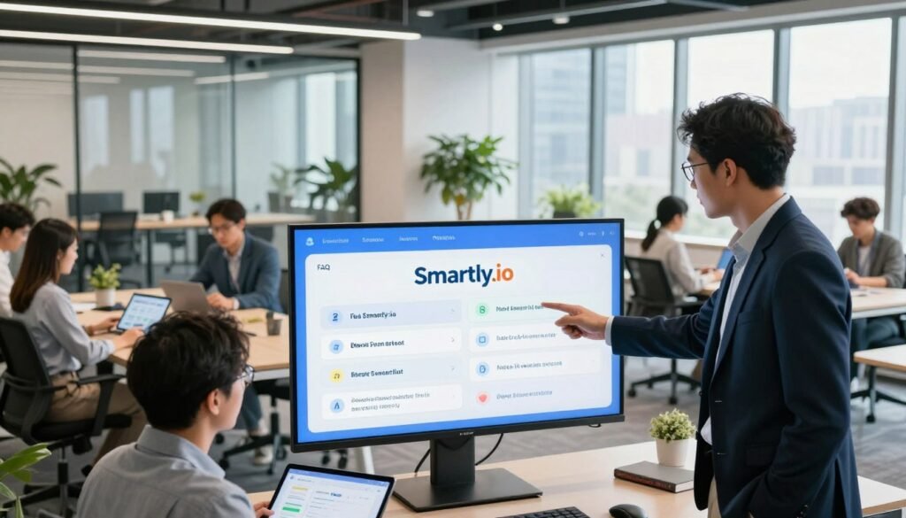 A sleek, modern office environment showcasing a diverse team of professionals collaborating around a large touchscreen displaying the Smartly.io logo and various FAQ topics. In the foreground, a person in business attire gestures towards the screen, while others analyze data on tablets. The middle layer features a stylishly arranged meeting room with glass walls, plants, and high-tech design elements, emphasizing a creative and innovative atmosphere. The background includes large windows allowing natural light to flood in, with a cityscape visible outside, symbolizing connectivity and growth. The overall mood is engaging and informative, with a focus on teamwork and problem-solving in a vibrant, forward-thinking setting.
