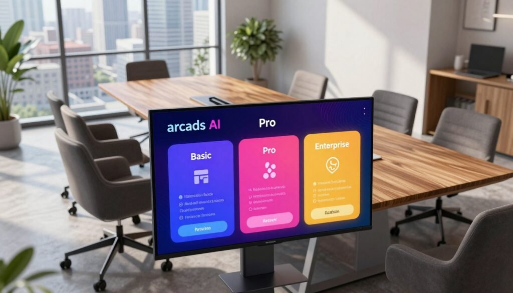 A sleek modern office environment with a large wooden conference table at the center, surrounded by contemporary chairs. In the foreground, a digital display is showcasing various Arcads AI pricing plans in vibrant colors, with clear sections for different tiers—Basic, Pro, and Enterprise. Each section vividly illustrated with appealing icons to represent features included in each plan. Natural light floods the room through large windows, casting soft shadows. In the background, a city skyline can be seen, suggesting a productive urban atmosphere. The mood is professional and dynamic, emphasizing innovation and technology. Use a high-angle perspective to capture the entire scene, with a slight tilt to add depth.