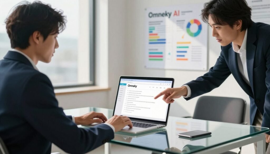 A sleek, modern office setting with a glass desk and a laptop open to a clean, user-friendly interface showcasing Omneky AI features. In the foreground, two professionals in smart business attire—one typing on the laptop and the other pointing at the screen, engaged in a discussion about frequently asked questions. In the middle ground, a neatly arranged informational board with colorful charts and diagrams related to AI usage. The background features a large window with soft, natural light streaming in, casting gentle shadows across the room, creating a bright and inviting atmosphere. The mood is collaborative and informative, encouraging exploration and curiosity about Omneky AI. The composition should be well-balanced with a focus on clarity and professionalism.