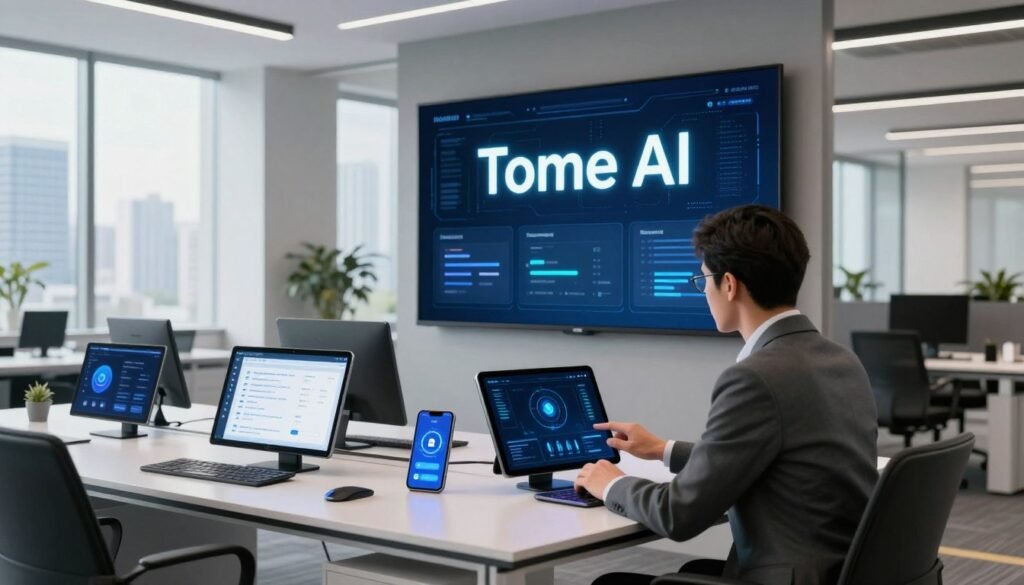A sleek, modern office workspace featuring a high-tech interface displaying "Tome AI" on a large screen. In the foreground, a professional person in business attire is actively engaged with the AI interface, demonstrating usability and interaction. The middle layer showcases various touchscreen devices, such as tablets and smartphones, displaying alternative AI tools and applications, with visible icons and graphs. The background consists of a well-lit, contemporary office with window views of a city skyline, emphasizing a cutting-edge corporate environment. Soft, natural lighting floods the space, creating a productive and innovative atmosphere. The composition should use a wide-angle lens to capture depth and space, inviting viewers into the scene.