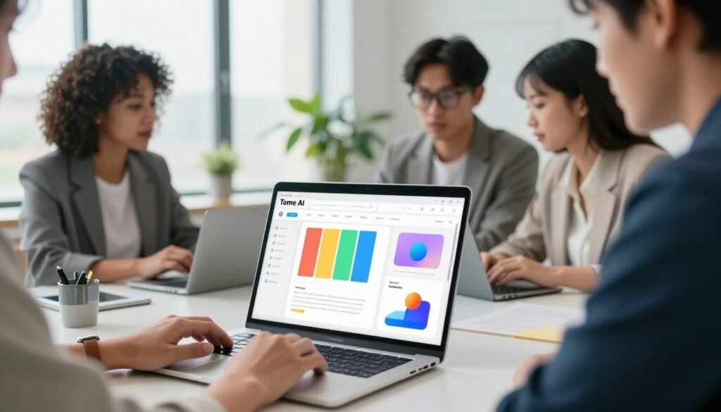 A sleek, modern workspace featuring a diverse group of professionals collaborating on a laptop displaying Tome AI's interface for presentation creation. In the foreground, show a close-up of hands typing on the keyboard, with colorful presentation slides visible on the screen. In the middle ground, include three individuals dressed in smart business attire: a woman with curly hair, a man in glasses, and another woman, all engaged in discussion as they review the presentation. The background should depict a bright, airy office with large windows letting in natural light, and plants for a modern touch. The mood is collaborative and innovative, showcasing a productive environment, with a soft focus on the individuals while the screen remains clear and detailed.