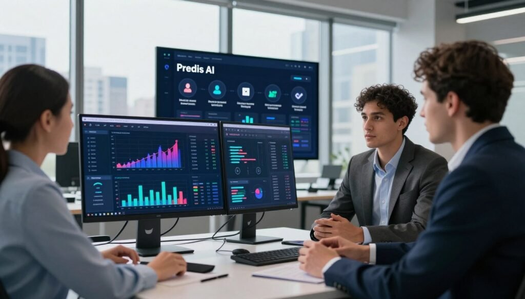 A sleek, modern workspace featuring a high-tech computer setup displaying the Predis AI interface filled with vibrant graphs and analytics. In the foreground, a diverse group of three professionals, one woman and two men, are engaged in a productive discussion. They are dressed in smart business attire, conveying a sense of professionalism. The middle ground showcases a large screen displaying key features of Predis AI, with icons representing user analytics, marketing strategies, and data visualization tools. The background features large windows with a city skyline, casting soft natural light across the room, creating an inspiring atmosphere. The overall mood is collaborative and innovative, emphasizing the cutting-edge capabilities of Predis AI in a business environment.