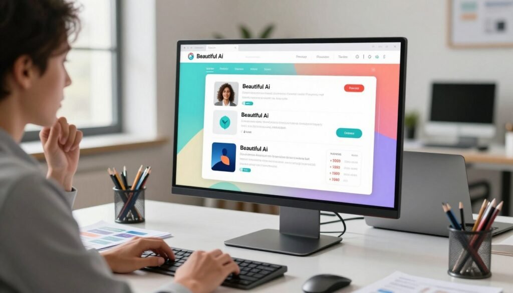 A sleek, modern workspace featuring a large, flat-screen monitor displaying a colorful and engaging interface of Beautiful.ai's features and pricing plans. In the foreground, a professional individual in business attire is analyzing the screen, with a thoughtful expression. The middle ground showcases a clean desk with well-organized presentation materials, a stylish laptop, and a few stationery items. The background features a softly lit office environment with large windows allowing natural light to pour in, creating a warm, inviting atmosphere. The lighting should be bright and cheerful, emphasizing a productive, creative workspace. The composition should be shot at a slight angle, focusing on the monitor while ensuring the overall setting is tidy and visually appealing. A sleek, modern workspace featuring a large, flat-screen monitor displaying a colorful and engaging interface of Beautiful.ai's features and pricing plans. In the foreground, a professional individual in business attire is analyzing the screen, with a thoughtful expression. The middle ground showcases a clean desk with well-organized presentation materials, a stylish laptop, and a few stationery items. The background features a softly lit office environment with large windows allowing natural light to pour in, creating a warm, inviting atmosphere. The lighting should be bright and cheerful, emphasizing a productive, creative workspace. The composition should be shot at a slight angle, focusing on the monitor while ensuring the overall setting is tidy and visually appealing.