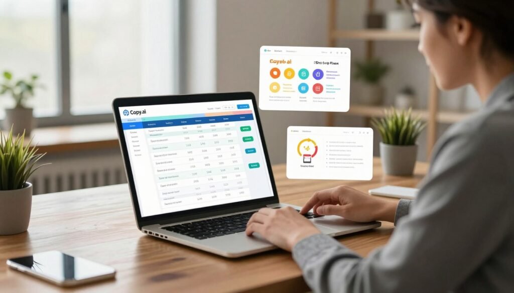 A sleek, modern workspace featuring a polished wooden desk with a laptop displaying a colorful pricing table for Copy.ai. In the foreground, a professional businessperson, dressed in smart casual attire, examines the screen intently, showcasing curiosity and engagement. The middle layer includes various pricing plans illustrated with vibrant icons and colors, creating a visually appealing layout. A soft, warm light streams in from a large window in the background, illuminating the workspace and adding an inviting atmosphere. Houseplants subtly decorate the space, enhancing the professional yet relaxed mood. The image has a clean focus and a slight depth of field, giving it a polished and contemporary look suitable for a tutorial context. A sleek, modern workspace featuring a polished wooden desk with a laptop displaying a colorful pricing table for Copy.ai. In the foreground, a professional businessperson, dressed in smart casual attire, examines the screen intently, showcasing curiosity and engagement. The middle layer includes various pricing plans illustrated with vibrant icons and colors, creating a visually appealing layout. A soft, warm light streams in from a large window in the background, illuminating the workspace and adding an inviting atmosphere. Houseplants subtly decorate the space, enhancing the professional yet relaxed mood. The image has a clean focus and a slight depth of field, giving it a polished and contemporary look suitable for a tutorial context.