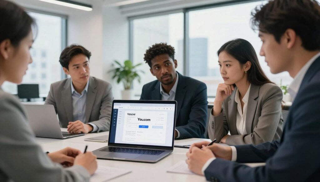 A sleek, modern workspace filled with the latest technology representing You.com AI, featuring an open laptop displaying a user-friendly interface of the AI tool. In the foreground, a diverse group of professionals dressed in business attire collaboratively discussing its features—two men, one of Asian descent, and one Black, alongside a Hispanic woman, all appears engaged and thoughtful. The background showcases a bright, well-lit office with minimalistic decor and a large window revealing a cityscape, casting soft natural light into the room. The overall atmosphere is one of innovation and professionalism, conveying a sense of balance between high technology and teamwork. The lens focuses on the group, emphasizing their expressions of curiosity and interest.