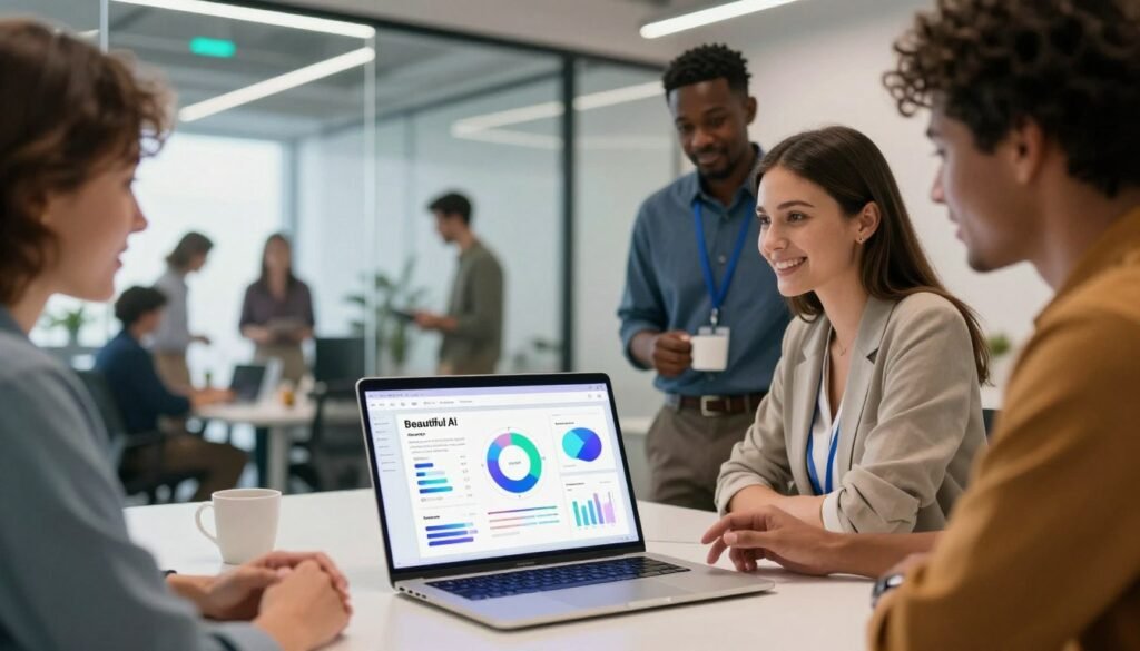 A sleek, modern workspace filled with vibrant colors and dynamic lighting to emphasize the high-tech nature of Beautiful.ai's features. In the foreground, a professional-looking laptop displays an open Beautiful.ai presentation, showcasing visually engaging charts and graphics. A diverse group of business professionals in smart casual attire is gathered around the laptop, discussing the presentation with enthusiasm. In the middle, a glass wall reveals a bright, collaborative office environment, enhancing the mood of creativity and teamwork. The background features abstract design elements inspired by digital presentation aesthetics, with a soft blur to keep the focus on the professionals and the laptop. The atmosphere is positive and energetic, conveying the potential of AI-enhanced presentations in a modern workplace. A sleek, modern workspace filled with vibrant colors and dynamic lighting to emphasize the high-tech nature of Beautiful.ai's features. In the foreground, a professional-looking laptop displays an open Beautiful.ai presentation, showcasing visually engaging charts and graphics. A diverse group of business professionals in smart casual attire is gathered around the laptop, discussing the presentation with enthusiasm. In the middle, a glass wall reveals a bright, collaborative office environment, enhancing the mood of creativity and teamwork. The background features abstract design elements inspired by digital presentation aesthetics, with a soft blur to keep the focus on the professionals and the laptop. The atmosphere is positive and energetic, conveying the potential of AI-enhanced presentations in a modern workplace.