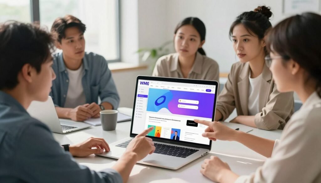 A sleek, modern workspace showcasing a laptop displaying a vibrant, intuitive AI website builder interface. In the foreground, a diverse group of professionals, dressed in smart casual attire, are collaborating, pointing at the screen with expressions of curiosity and determination. The middle section highlights the laptop and colorful graphics representing various website templates in use. The background consists of a bright, airy office space with soft sunlight streaming through large windows, casting gentle shadows. The overall atmosphere conveys innovation and collaboration, with a focus on the emerging alternatives in AI website building technology. The image is well-lit with a focus on the screen’s details, captured from a slightly elevated angle to emphasize the team's engagement. A sleek, modern workspace showcasing a laptop displaying a vibrant, intuitive AI website builder interface. In the foreground, a diverse group of professionals, dressed in smart casual attire, are collaborating, pointing at the screen with expressions of curiosity and determination. The middle section highlights the laptop and colorful graphics representing various website templates in use. The background consists of a bright, airy office space with soft sunlight streaming through large windows, casting gentle shadows. The overall atmosphere conveys innovation and collaboration, with a focus on the emerging alternatives in AI website building technology. The image is well-lit with a focus on the screen’s details, captured from a slightly elevated angle to emphasize the team's engagement.