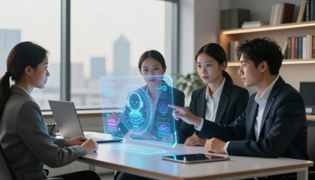 A sleek, modern workspace showcasing an AI assistant visualized through a vibrant holographic interface hovering above a polished desk. In the foreground, a diverse group of three professionals, dressed in smart business attire, eagerly interact with the hologram, demonstrating teamwork and collaboration. The middle ground features a large window with soft, ambient light streaming in, highlighting a city skyline. In the background, shelves lined with books on technology and innovation can be seen, creating an atmosphere of knowledge and progress. The overall mood is one of inspiration and productivity, emphasizing the potential of Tome AI to enhance professional results. Soft focus on background details adds depth while maintaining clarity on the characters and holographic display.