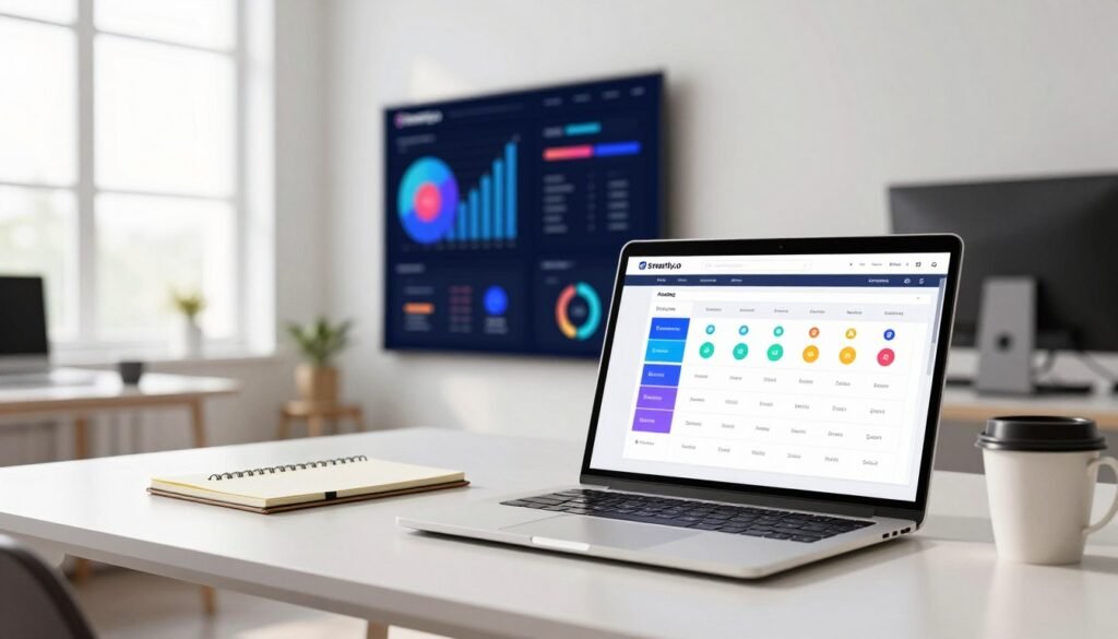 A sleek, modern workspace showcasing the pricing plans of Smartly.io. In the foreground, a minimalist desk features a laptop displaying an organized table of pricing tiers with colorful icons representing features. Surrounding the laptop, a notepad and a cup of coffee add a warm touch. The middle ground shows a stylish wall-mounted screen displaying visual graphs and analytics, symbolizing flexibility and efficiency in digital marketing. The background features a large window with bright, natural light pouring in, creating an open and inviting atmosphere. The mood is professional and focused, with soft shadows to enhance depth, captured from a slightly low angle to emphasize the workspace's modern design. The colors are vibrant yet balanced to invite a sense of innovation and clarity.