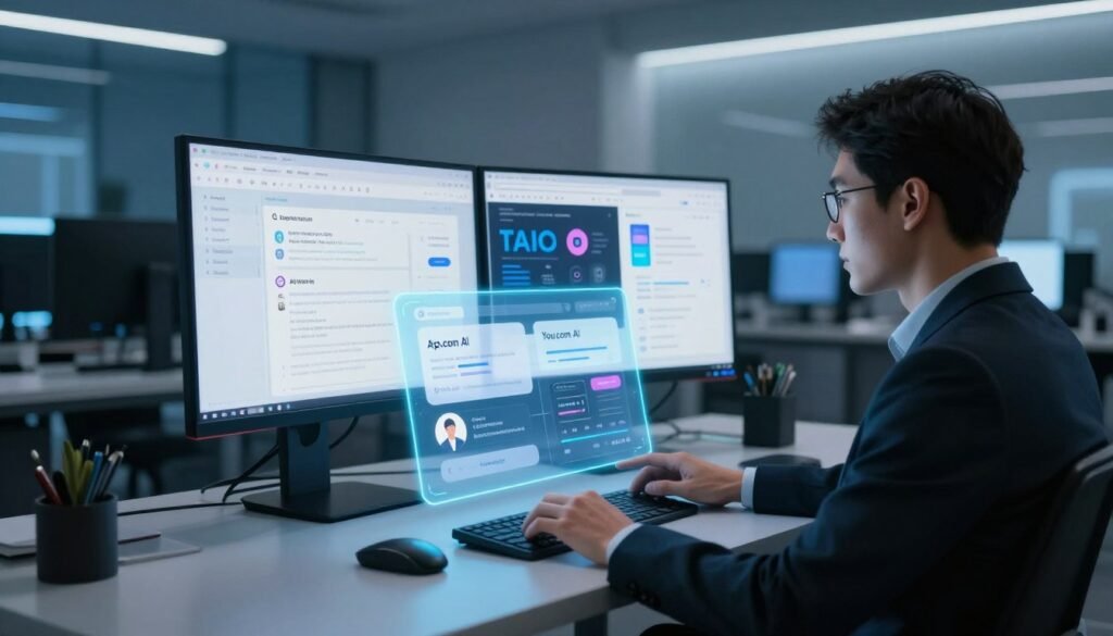 A sleek, modern workspace with a digital interface featuring the You.com AI. In the foreground, a professional individual, dressed in business attire, is interacting with a holographic display showcasing various AI functionalities like search, suggestions, and personalization. The middle ground includes a high-tech computer with dual monitors displaying analytics and results from the AI's processing. In the background, soft, ambient blue lighting highlights the futuristic design of the room, giving a sense of innovation and technology. The atmosphere is focused and dynamic, conveying the efficiency of AI in enhancing productivity. Use a wide-angle lens to capture the depth of the workspace, emphasizing both the user and the advanced technology around them.