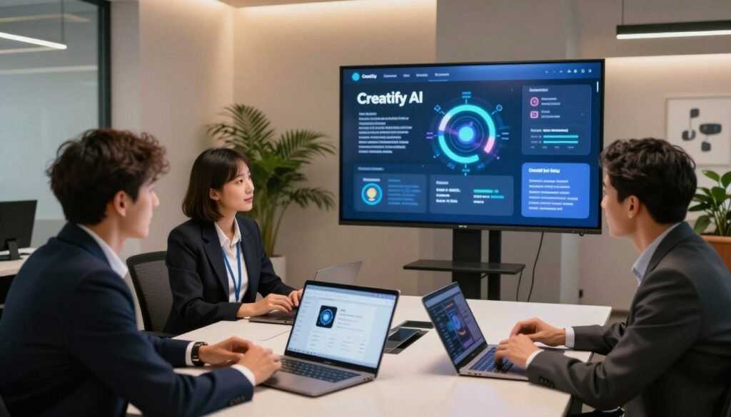 A sleek, professional office setting, illuminated by soft, warm lighting that creates an inviting atmosphere. In the foreground, a diverse group of three professionals, dressed in smart business attire, are engaged in an animated discussion around a modern conference table filled with laptops and tablets displaying the features of Creatify AI. In the middle ground, a large digital screen showcases a vibrant infographic detailing the key features of Creatify AI, highlighting user-friendly interfaces and advanced capabilities. The background features a stylish, minimalist office space with greenery and motivational artwork on the walls. The mood is collaborative and innovative, reflecting a sense of curiosity and exploration in the use of AI technology. The composition is shot from a slightly elevated angle, capturing the dynamics of the group and the informative display. A sleek, professional office setting, illuminated by soft, warm lighting that creates an inviting atmosphere. In the foreground, a diverse group of three professionals, dressed in smart business attire, are engaged in an animated discussion around a modern conference table filled with laptops and tablets displaying the features of Creatify AI. In the middle ground, a large digital screen showcases a vibrant infographic detailing the key features of Creatify AI, highlighting user-friendly interfaces and advanced capabilities. The background features a stylish, minimalist office space with greenery and motivational artwork on the walls. The mood is collaborative and innovative, reflecting a sense of curiosity and exploration in the use of AI technology. The composition is shot from a slightly elevated angle, capturing the dynamics of the group and the informative display.