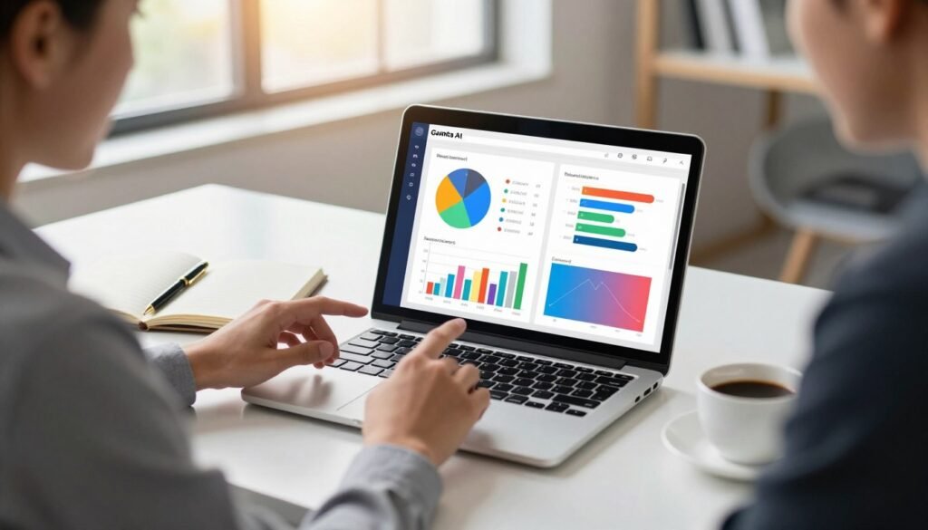 A sleek workspace featuring a modern laptop displaying a vibrant presentation created with Gamma AI, surrounded by colorful charts and graphs. In the foreground, a professional individual in business attire is thoughtfully interacting with the laptop, gesturing towards the screen. The middle ground includes a tidy desk with a notebook and a stylish pen beside a cup of coffee, while the background showcases a bright office environment with large windows allowing natural light to filter through, casting a warm glow. The atmosphere is focused and productive, reflecting creativity and innovation in digital presentation creation. The composition should emphasize clarity and professional aesthetics, with a soft depth of field to highlight the subject and the laptop screen. A sleek workspace featuring a modern laptop displaying a vibrant presentation created with Gamma AI, surrounded by colorful charts and graphs. In the foreground, a professional individual in business attire is thoughtfully interacting with the laptop, gesturing towards the screen. The middle ground includes a tidy desk with a notebook and a stylish pen beside a cup of coffee, while the background showcases a bright office environment with large windows allowing natural light to filter through, casting a warm glow. The atmosphere is focused and productive, reflecting creativity and innovation in digital presentation creation. The composition should emphasize clarity and professional aesthetics, with a soft depth of field to highlight the subject and the laptop screen.