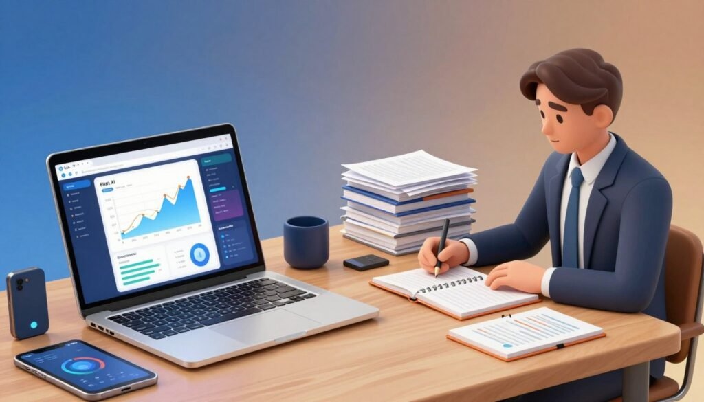 A split-scene illustration comparing Elicit AI and traditional research methods. In the foreground, on the left side, a sleek laptop displaying the Elicit AI interface with vibrant graphs and data visualizations, surrounded by modern research tools like tablets and smart devices. On the right side, a traditional researcher in professional attire is seated at a wooden table, surrounded by notebooks, pens, and printed papers stacked high, illustrating the classic research environment. The middle ground features a seamless transition from digital to paper, emphasizing contrast. The background is softly lit with a gradient that shifts from high-tech blue on the left to warm earthy tones on the right, creating a balanced yet dynamic atmosphere that conveys innovation versus tradition. The overall mood is informative and engaging, inviting the viewer to appreciate both research approaches. A split-scene illustration comparing Elicit AI and traditional research methods. In the foreground, on the left side, a sleek laptop displaying the Elicit AI interface with vibrant graphs and data visualizations, surrounded by modern research tools like tablets and smart devices. On the right side, a traditional researcher in professional attire is seated at a wooden table, surrounded by notebooks, pens, and printed papers stacked high, illustrating the classic research environment. The middle ground features a seamless transition from digital to paper, emphasizing contrast. The background is softly lit with a gradient that shifts from high-tech blue on the left to warm earthy tones on the right, creating a balanced yet dynamic atmosphere that conveys innovation versus tradition. The overall mood is informative and engaging, inviting the viewer to appreciate both research approaches.