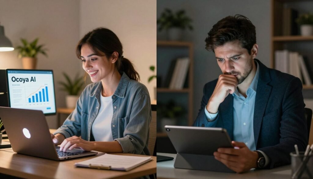 A split-screen composition illustrating the pros and cons of "Ocoya AI". On the left, a vibrant digital workspace with a satisfied professional woman in smart casual attire, analyzing positive features of Ocoya AI on a modern laptop, with graphs and charts symbolizing productivity and efficiency highlighted on the screen. On the right, a thoughtful man in business attire frowning slightly while reviewing potential drawbacks on a tablet, with shadows creating a more serious atmosphere. The background is a softly lit office environment with elements like plants and bookshelves, emphasizing a professional yet approachable mood. Use warm lighting to enhance the inviting feel, and a slightly blurred background to focus on the individuals and their interactions with the technology. A split-screen composition illustrating the pros and cons of "Ocoya AI". On the left, a vibrant digital workspace with a satisfied professional woman in smart casual attire, analyzing positive features of Ocoya AI on a modern laptop, with graphs and charts symbolizing productivity and efficiency highlighted on the screen. On the right, a thoughtful man in business attire frowning slightly while reviewing potential drawbacks on a tablet, with shadows creating a more serious atmosphere. The background is a softly lit office environment with elements like plants and bookshelves, emphasizing a professional yet approachable mood. Use warm lighting to enhance the inviting feel, and a slightly blurred background to focus on the individuals and their interactions with the technology.